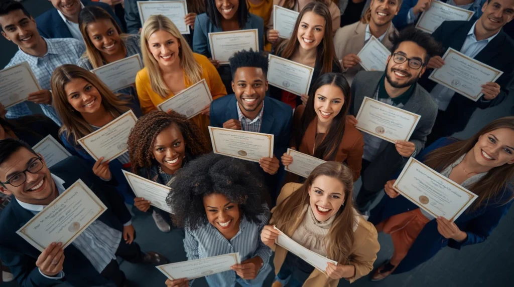 diverse scholarship recipients with their certificates