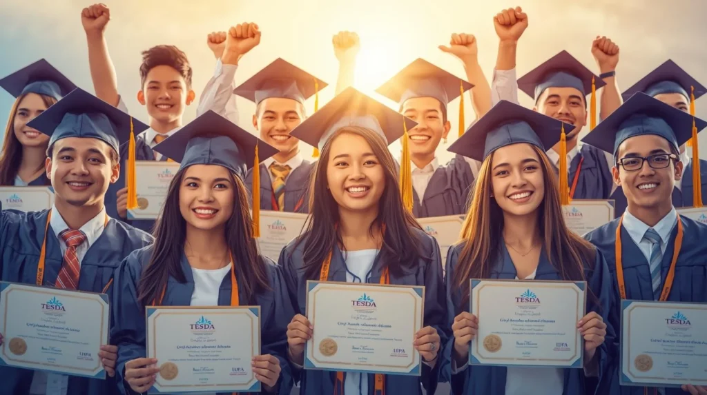 Diverse group of TESDA scholarship graduates holding certificates representing hope and achievement