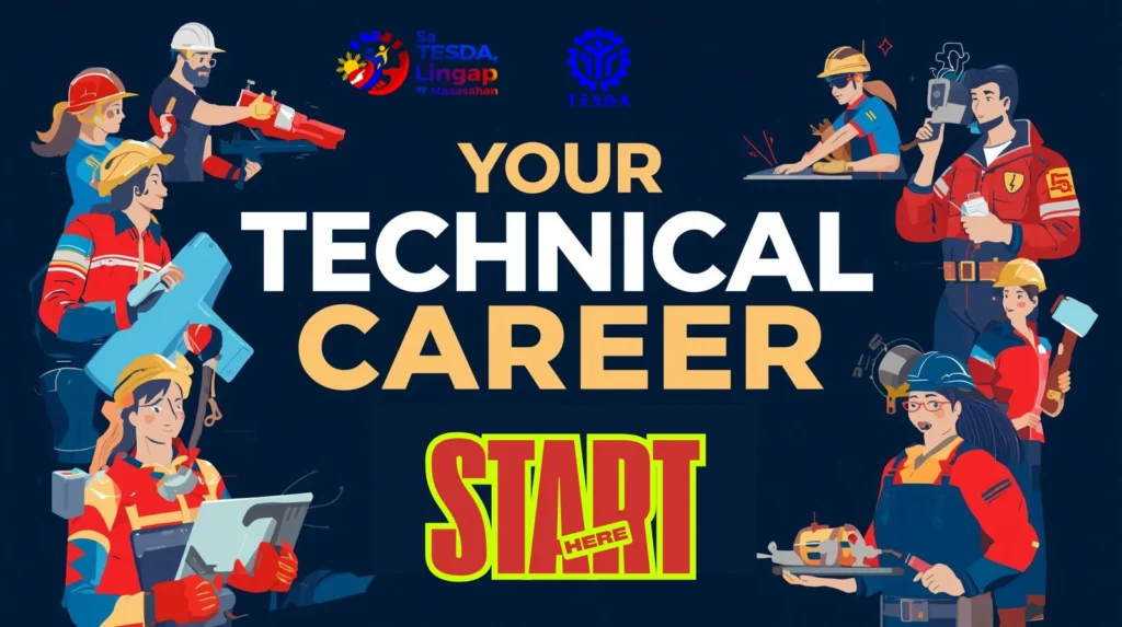 Inspirational graphic showing Your Technical Career Starts Here with TESDA logo and successful technician imagery 1